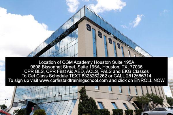 CGM Academy Onsite CPR First Aid and ACLS Training School located on 9898 Bissonnet Street, Suite 195A, Houston, TX, 77036.