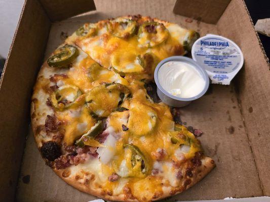 8-inch Jalapeño Popper Pizza (minus a slice) 2x Bacon, Onions, Jalapenos, Pizza Cheese, Cheddar, and Cream Cheese on the side