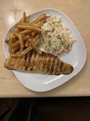 Grilled trout, French fries and coleslaw.