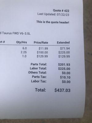 Estimate from jiffy lube. Go there!! They won't try to scam you out of money and actually take the time to look at your car and help you