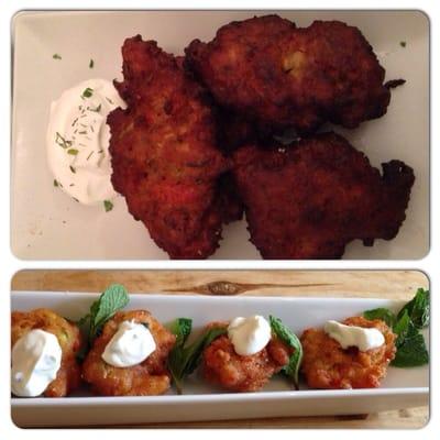 Vegetable Fritters (off-menu, custom food request): The top pic is the fritters we had in Greece. Bottom pic is Liz's fritters.