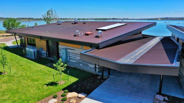 Boulder Reservoir Visitor Center built with PCL Construction - sheet metal roof with EPDM flat details, brake metal fascia, and Knotwood