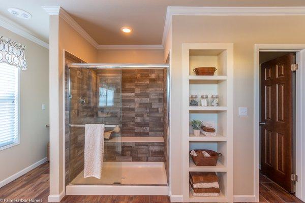 Massive shower. Great built-ins. Private commode. Easy-to-clean tile. Palm Harbor in Waco. Come see us!