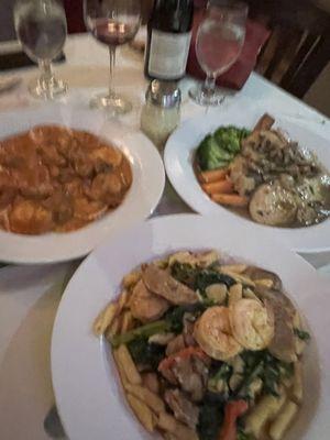 Lobster ravioli, chicken Marsala, pasta with shrimp, sausage, and broccoli-rab.