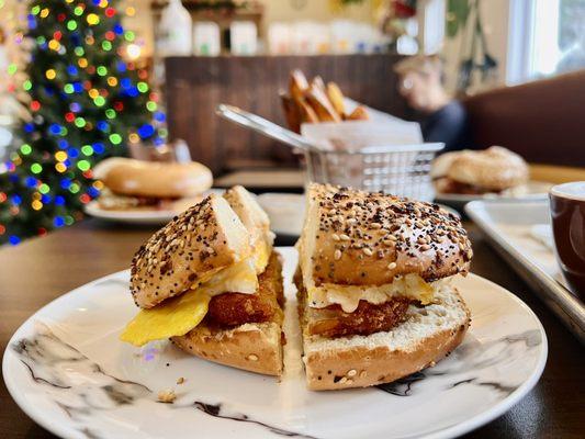 Breakfast sandwich on bagel and hash brown (get the sunflower sauce!)