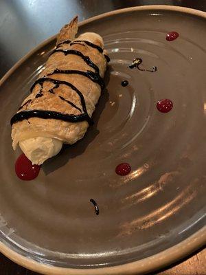 brown butter cannoli w/chocolate ganache and sweet vanilla pastry cream. A puff pastry with sour cream/cream cheese (not sweet).