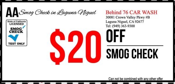 $20 OFF Smog Check Coupon in Laguna Niguel