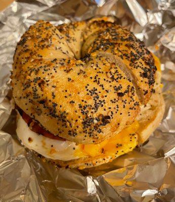 Taylor, egg and cheese on a toasted everything bagel