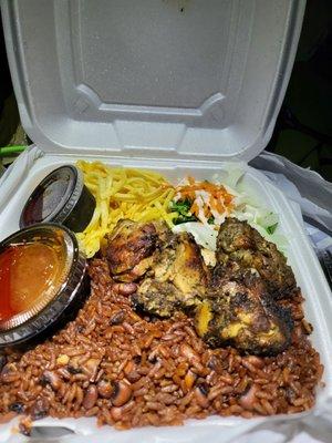 Waakye (the beans and rice) and jerk chicken