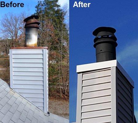 Before and after the installation of a new chase pan for a pre-fabricated chimney.