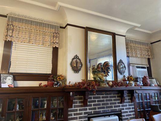 Beautiful mantle in the dining room