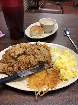 Chicken fried steak with eggs and hash browns!