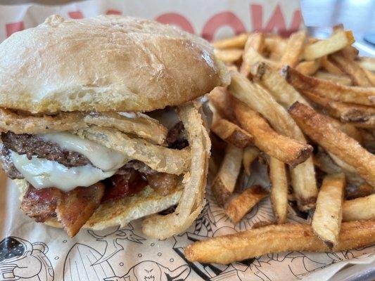 Indulgent BBQ burger with hand-cut fries