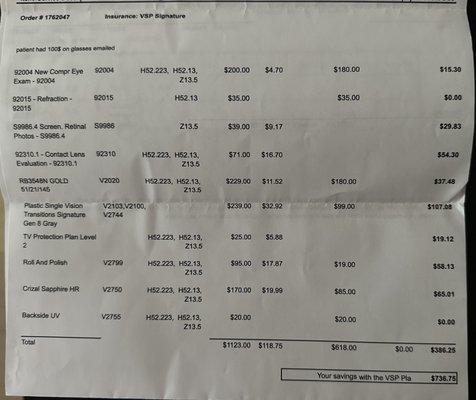 $1,123.00 for my glasses/contacts exam and two pairs of glasses.