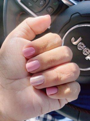 Pink gel and chrome on natural nails.