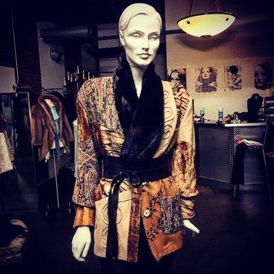 Divas palace original Tapestry jacket with mink trim and Kimono style wrap belt.