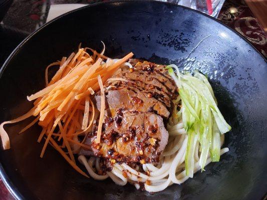 Slices beef noodle in chilli oil