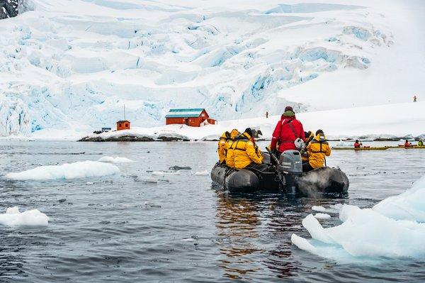 Largay Travel clients headed in to speak with the local fishermen on a trip to Antartica.