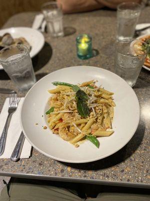 Penne and coconut curry with shrimp