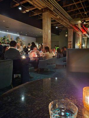 View from one of the booths looking towards the bar