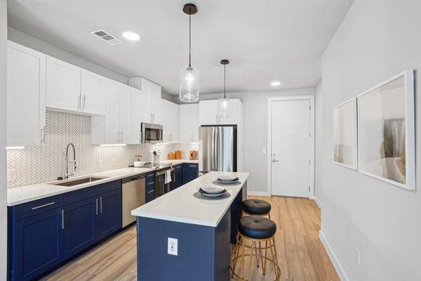 Updated kitchens with blue and white cabinets