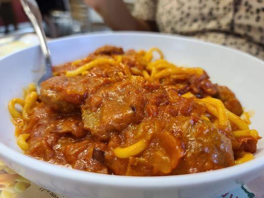 Bucatini Amatriciana with Meatballs