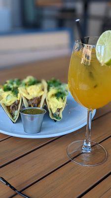 Carnitas and egg tacos and Sauvignon Blanc sangria