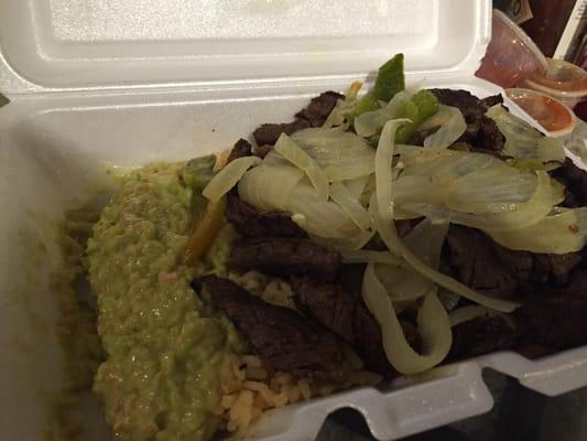 Steak, peppers, onions, guac w/2 soft tortillas...$6.50