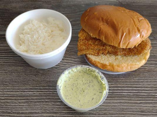 Fried Whitefish Sandwich and tartar sauce with white rice for the gumbo