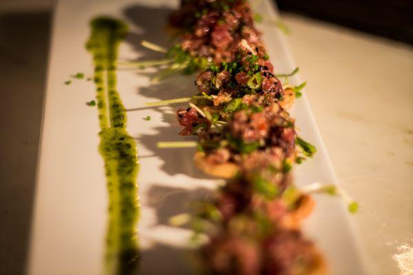 sweet chili tuna tartare | fried lotus root | basil emulsion