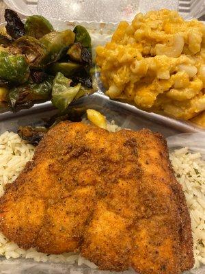 Fried Salmon over rice with Brussel sprouts and Mac & Cheese