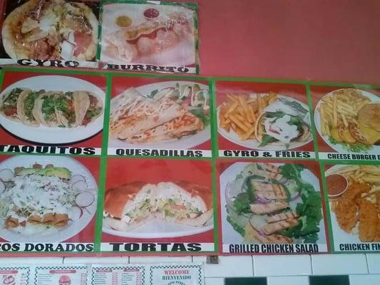 Tacos quezadillas tordas grilled chicken salad tacos dirados chiken finger gyro burritos gyro & fries