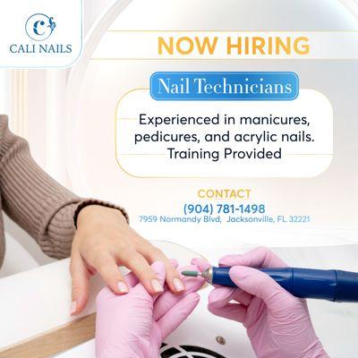 NOW HIRING: Nail Technicians 

 We are now hiring Nail Technicians experienced in Manicures, Pedicures, and Acrylic Nails!
Don't worr