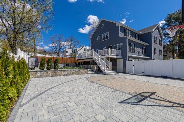 Outdoor Living Area with Paver Basketball Court, Patio Terrace, Fire-Pit, & Outdoor Entertainment System in Winchester, MA