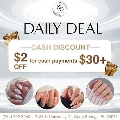 Save big with our CASH DISCOUNT offer! 
Get $2 OFF when you pay in cash for services totaling $30 or more at Rio Pro Nails & Spa. 
Do