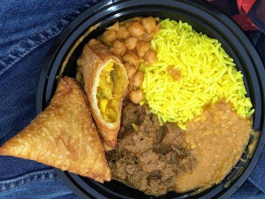 $13 Lamb Curry, came with lentil & chickpea curry + vivid rice. $6 vegan samosas. Mildly spicy.