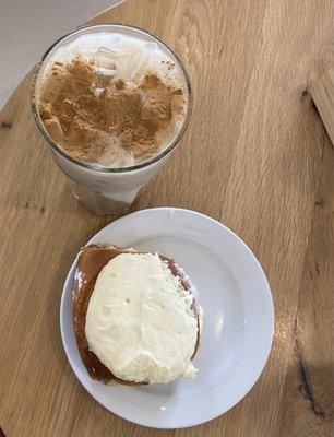 Iced Chai Latte with Almond Milk and a Cinnamon Roll