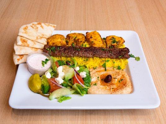 Combo Kabob Plate with Rice, Salad, and Hummus