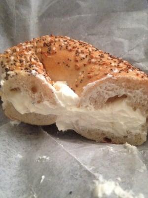 Delicious, fresh everything bagel with cream cheese.