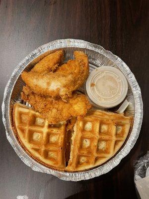 Chicken tender and waffle