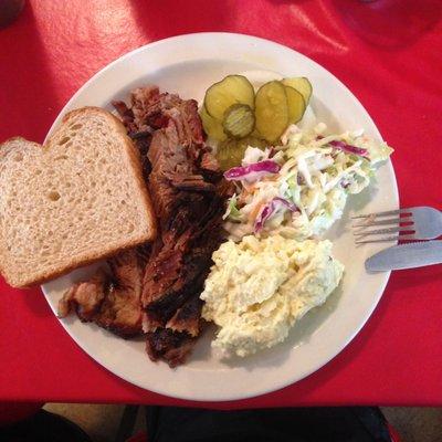 1-meat plate with brisket, potato salad, cole slaw, pickles and onions. Delicious!