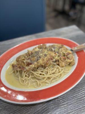 Softshell crab francese over spaghetti