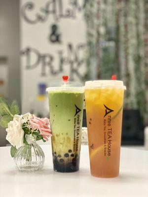 Brown sugar matcha tea and Passion fruit tea.