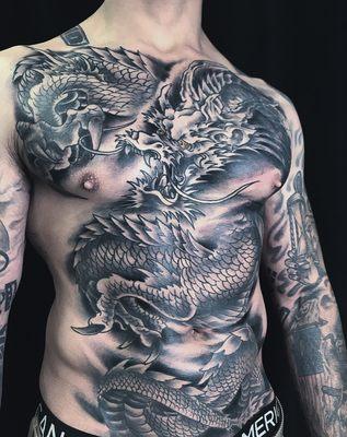 Full front dragon with two cover ups done by Chris MacCharles