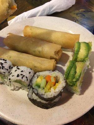 Vegetarian sushi and spring rolls.