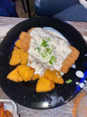 Chicken fried steak with fried mac & cheese