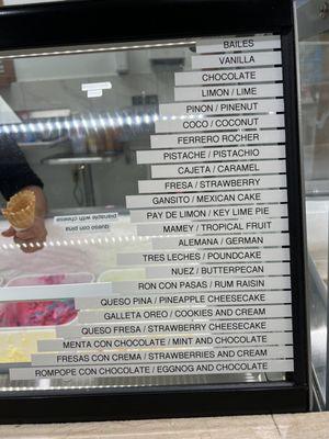 Ice cream flavor menu