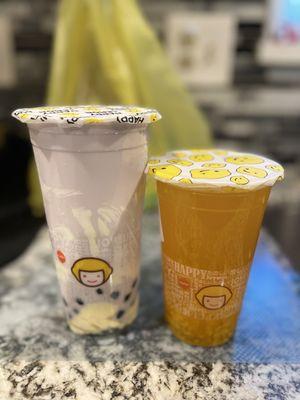 Ube milk tea and mango green tea boba