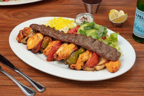 Entree: Combo Kabob (1/2 lb beef koobideh kabob and 1/2 ABF chicken kabob) with grilled vegetables and choice of two sides.