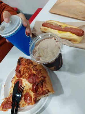 Pizza, hotdogs combo, mocha frosty, church and chicken bake on the side..